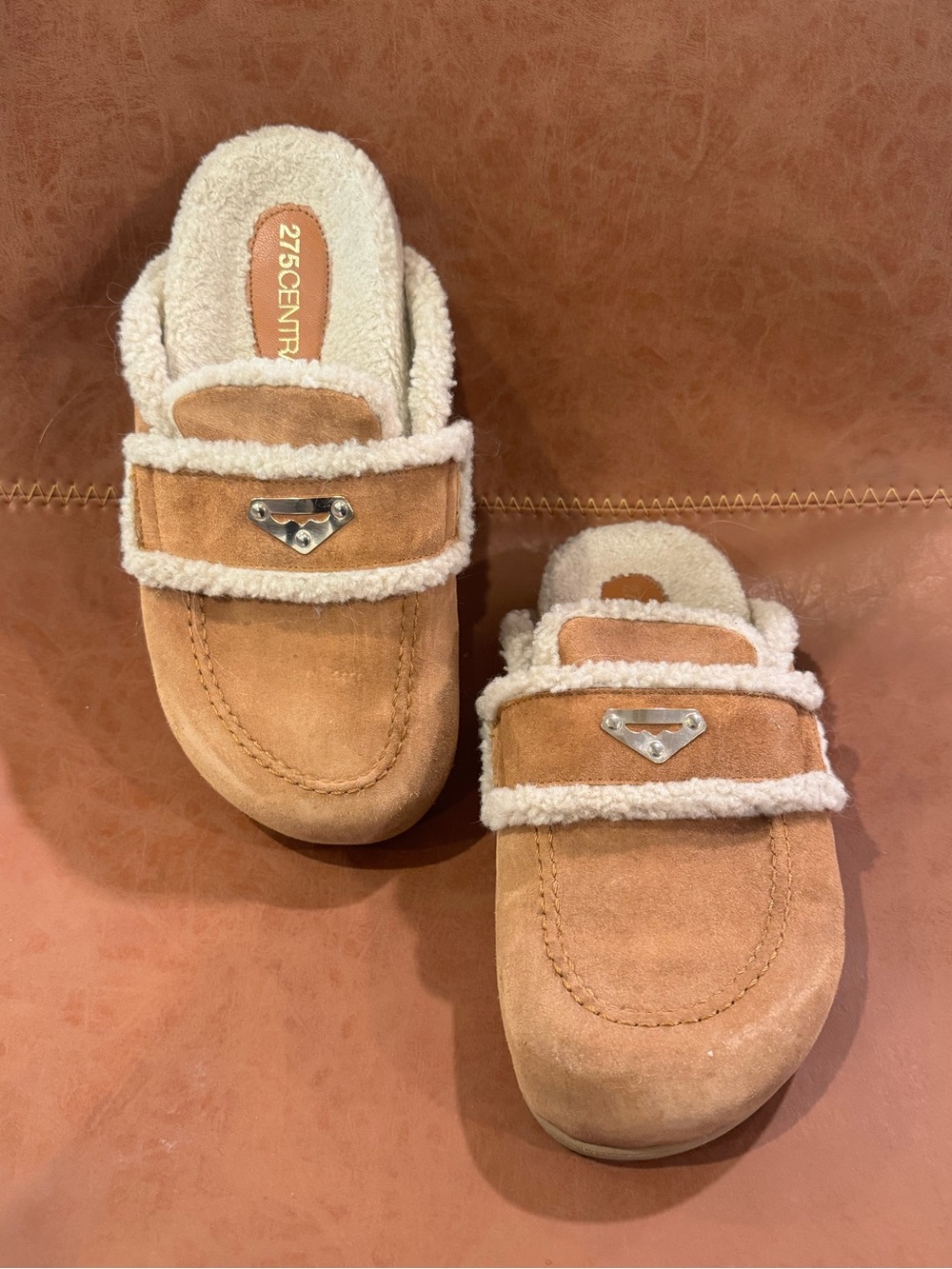 Suede Shearling-Lined Slip-On Clogs in Tan